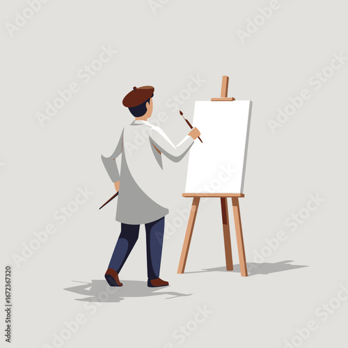 Artist painting on a blank canvas on an easel.