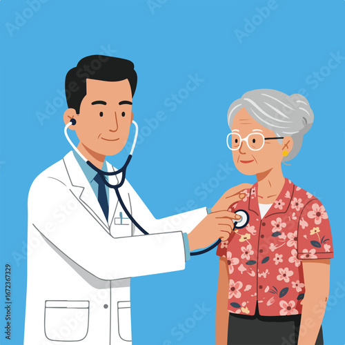 Doctor Examines Senior Woman With Stethoscope in Medical Office