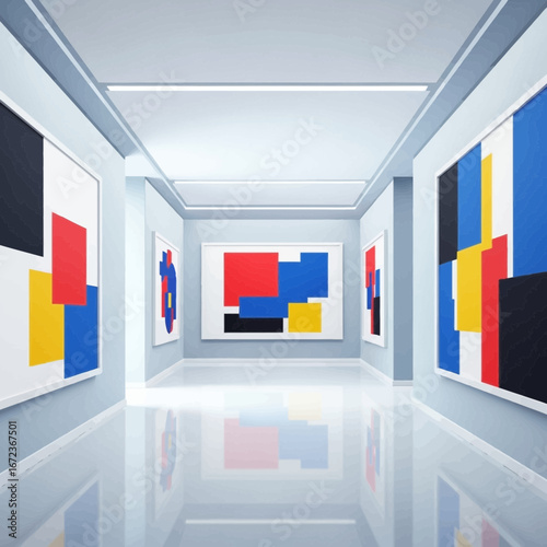 Modern art gallery with abstract paintings on white walls.