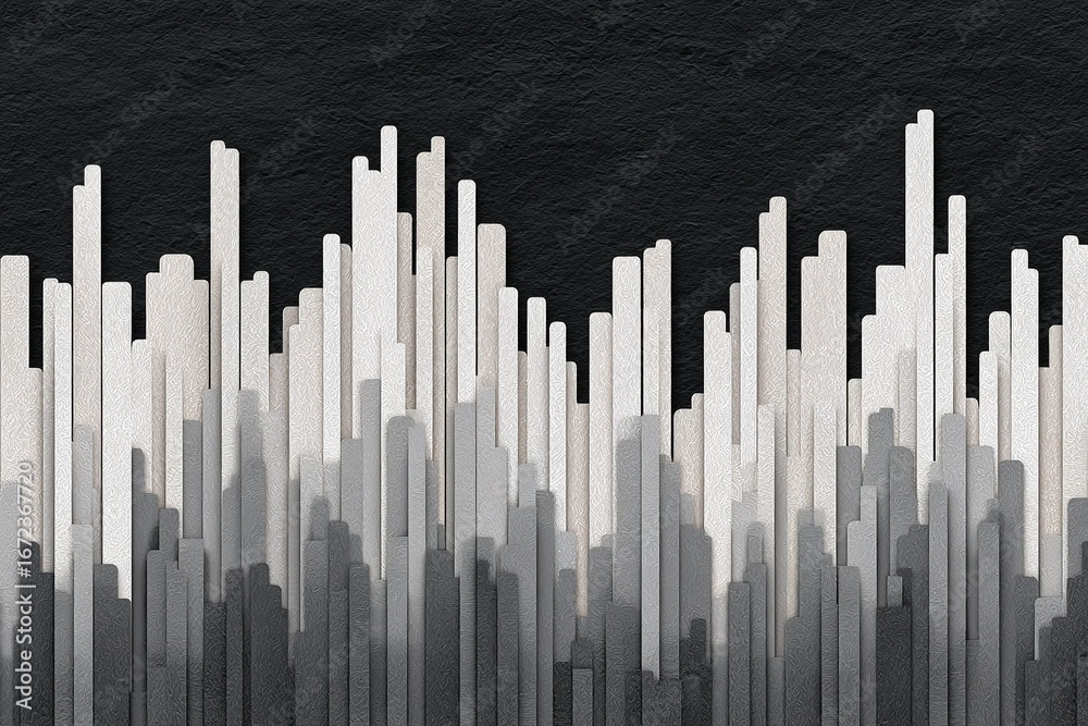 Obraz premium Abstract art depicting a city skyline in monochromatic shades of black, white, and gray against a textured background