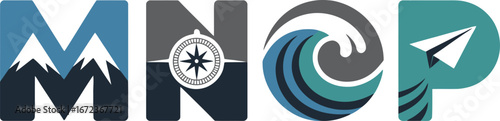 Creative monochromatic letters mnop featuring outdoor adventure and travel themes