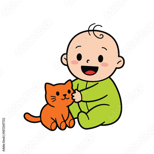 Baby petting a cat on the floor