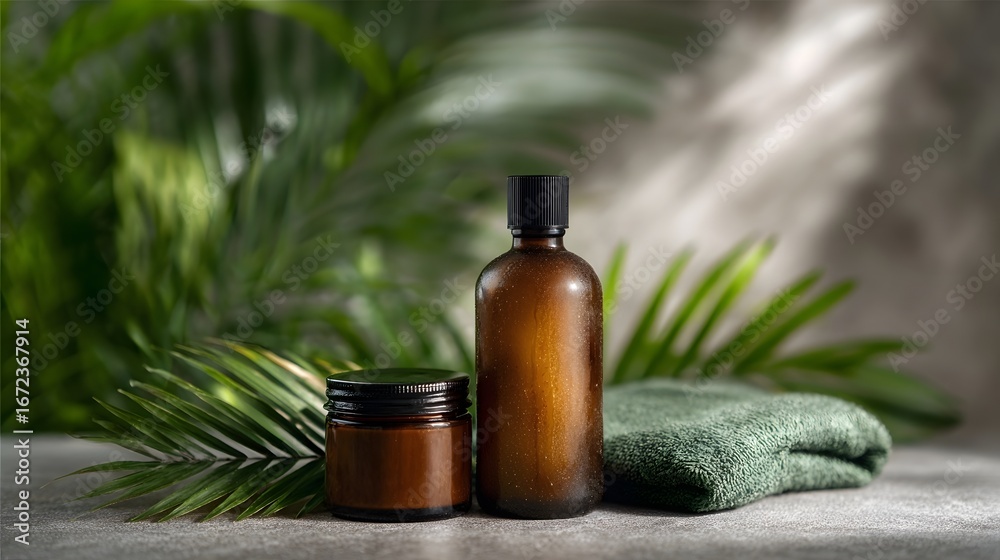 Fototapeta premium Organic skincare products amidst lush greenery