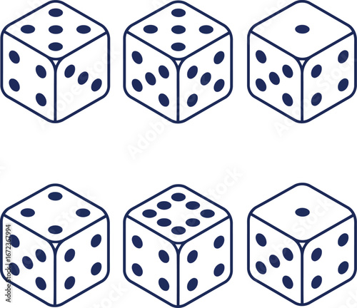 Six isometric dice with dots probability chance game luck entertainment vector