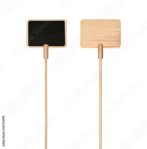 Two blank wooden signs on sticks isolated on white. One sign with a chalkboard-like surface. Can be used as price tags, garden plant markers, miniature signs or labels.