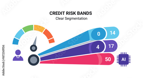 An illustrative infographic visualizes clear credit risk segmentation using a colorful gauge and data bands, highlighting the role of artificial intelligence in financial assessment.