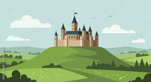 Castle Stands Proudly Atop Green Hill In A Serene, Cartoon Landscape