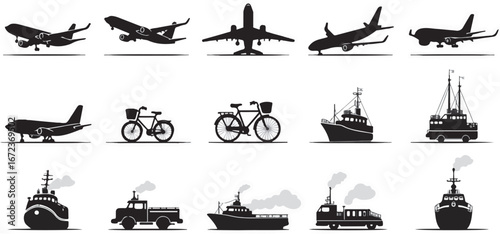 Silhouette set of Transportation system icons including airplanes, trains, ships, bicycles, and metro stations
