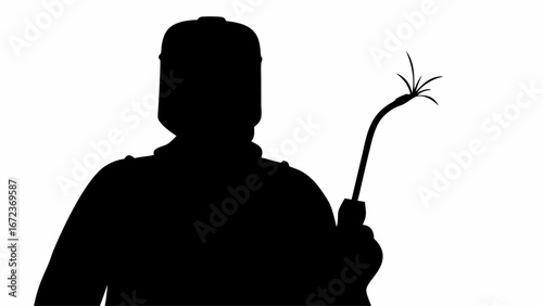 Silhouette of a person in protective gear holding a welding torch with sparks in a black and white image