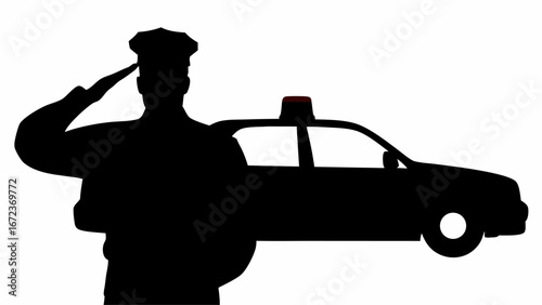 Silhouette of a police officer saluting next to a police car with a red light on top in monochrome style