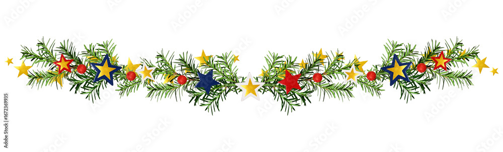 Obraz premium Christmas garland of coniferous branches decorated with stars in the colors of the US flag. Green yew branches isolated on white background. Design element for creating festive patriotic compositions.