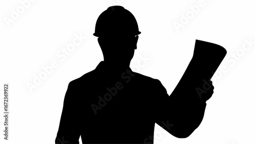 Silhouette of an engineer wearing a hard hat and holding a blueprint against a white background image