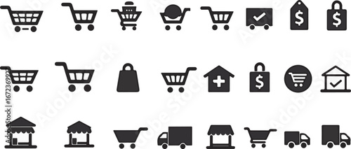 Silhouette icons of E-commerce operations with shopping carts, discount tags, delivery boxes, storefronts, and online payments