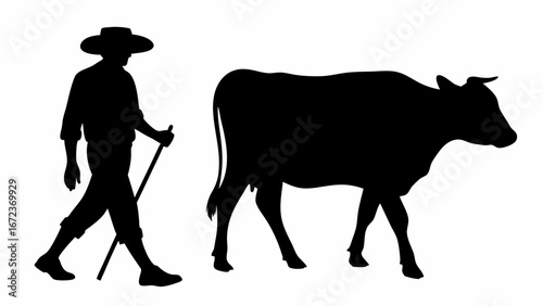 Silhouette of a farmer with a hat and stick walking alongside a cow in a rural setting outdoors