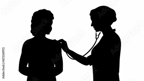 Silhouette of a doctor examining a patient with a stethoscope in a medical setting illustration art