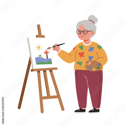 Elder Woman Painting a Landscape Scene on Canvas Outdoors