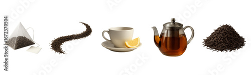 Tea essentials arranged on clean backdrop; pyramid teabag, loose leaf swirl, cup with lemon slice, glass teapot with brewed tea, dark granules pile; tea props styled for menu, packaging, cafe theme