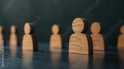 A close-up of wooden figurines representing people arranged in a line on a dark surface, showcasing simplicity and focus on individuality.