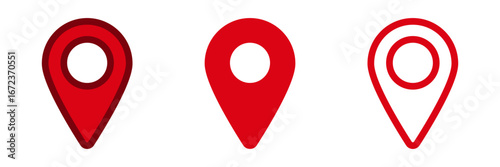 Three red location marker icons vary in style and thickness, useful for maps and navigation apps.