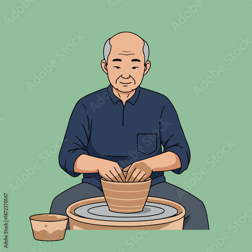 Man Shapes Clay on Potter's Wheel in Studio