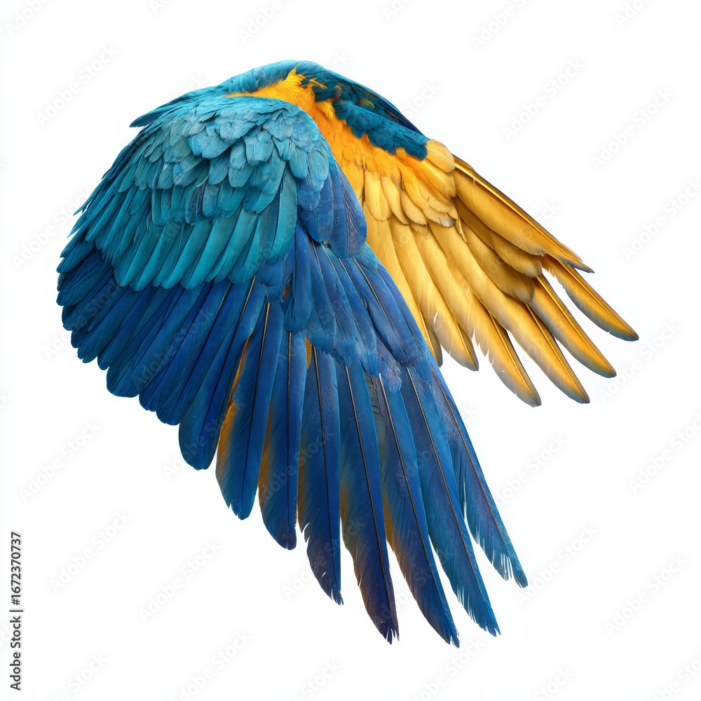 Obraz premium A close-up shot of a vibrant blue-and-yellow macaw wing, showcasing intricate feather details and color contrast. The image captures the beauty of avian wings