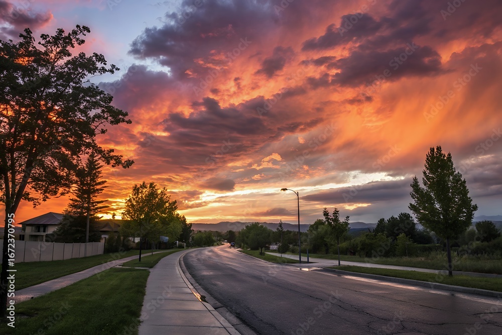 Fototapeta premium Vibrant sunset paints the sky over a quiet suburban street