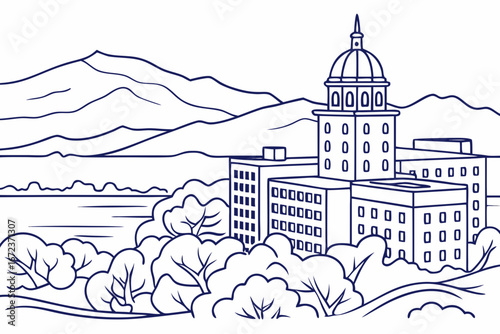 Fort Collins skyline in linear sketch style, showcasing Old Town, Horsetooth Reservoir, and mountains, modern flat illustration style.