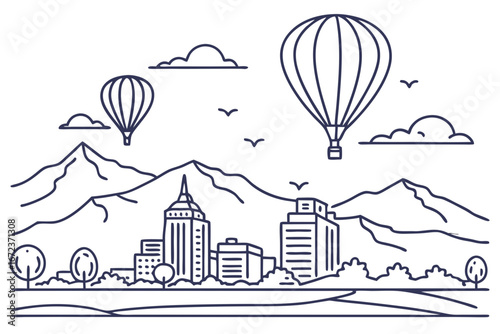 Albuquerque skyline in linear sketch style, featuring Sandia Mountains, Balloon Fiesta balloons, and downtown, modern flat illustration style.