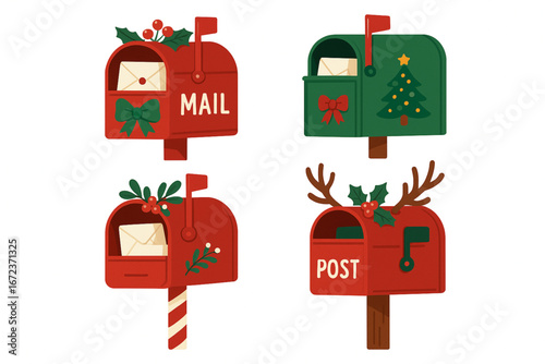 Flat Vector Illustration Set of Decorative Christmas Mailboxes with Holiday Ornaments