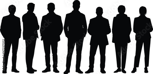 Set of diverse men business people silhouettes, standing in various poses, professional group of confident male executives, isolated vector

.