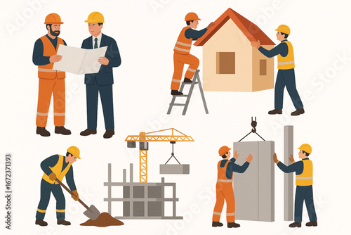 Flat Vector Illustration Set of Construction Workers and Builders on Site