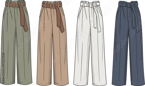Set of wide-leg trousers technical drawings, paper bag waist pants flat sketch templates, fashion apparel design mockup, front view

.