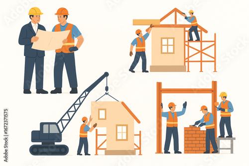 Flat Vector Illustration Set of Construction Workers and Builders on Site