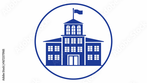 Blue building emblem with flag and oval border