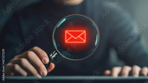 A person holds a magnifying glass over a glowing red envelope icon, suggesting a focus on email or digital communication.
