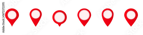 A series of red location pin designs featuring different styles, used in maps and navigation tools.