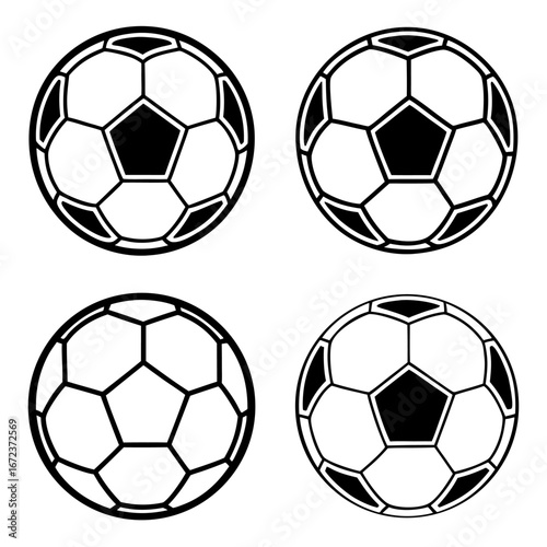 Four classic black and white soccer balls in a grid layout