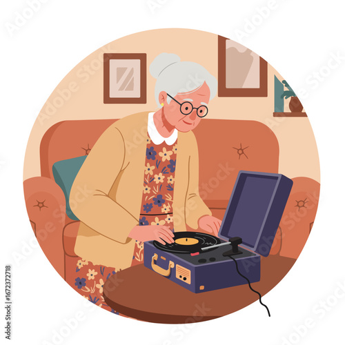 Elderly woman plays vinyl record at home (retro music nostalgia)