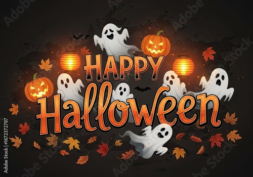 Photo of a spooky and fun happy halloween illustration featuring ghosts, pumpkins, and lanterns with autumn leaves on a dark background for a festive celebration