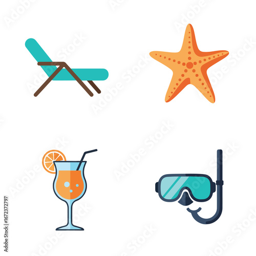 Beach Scene Relaxing with Chair, Starfish, Drink, and Snorkel Gear at Coast