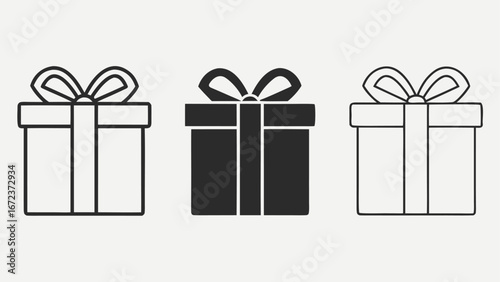 Three gift boxes with ribbons in outline and solid styles