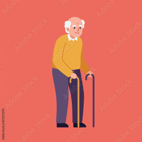 Senior Man Walking with Cane Against Plain Red Background