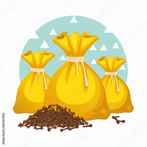 Fragrant Spice Pouches Aromatic Cloves Displayed with Golden Sacks on a Decorative Background
