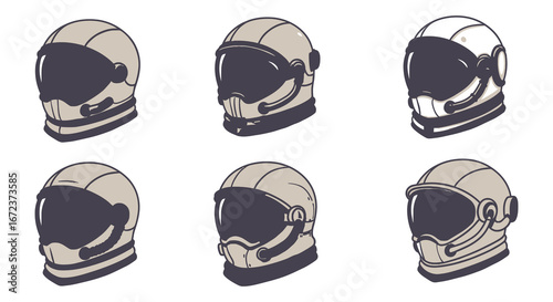 A set of colorful astronaut helmets in different shades and styles