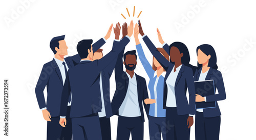 A diverse group of enthusiastic business professionals celebrates their collective success with a high-five, symbolizing strong teamwork, unity, and shared triumph.