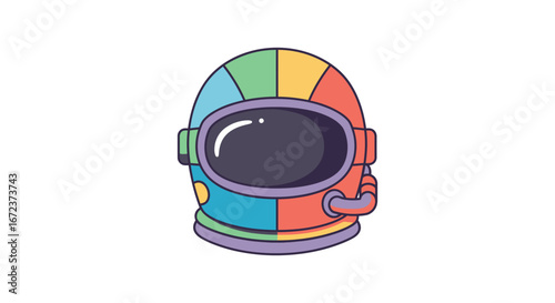 Colorful cartoon astronaut helmet with rainbow colors and purple visor