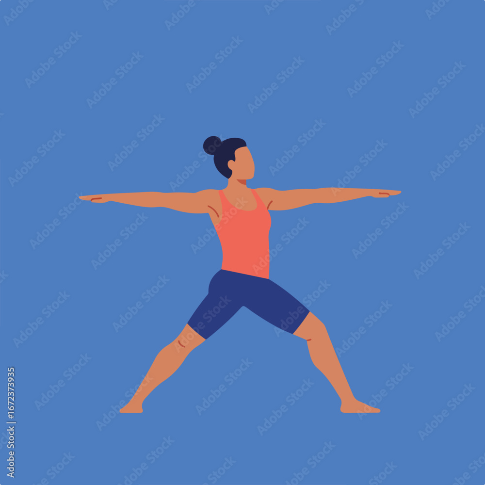 Naklejka premium Woman Doing Yoga Warrior Pose on Blue Background
