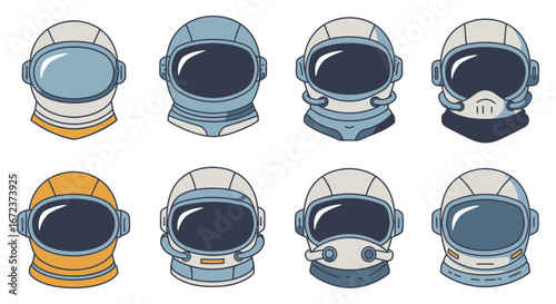 Collection of various colorful cartoon astronaut helmets in different designs and colors