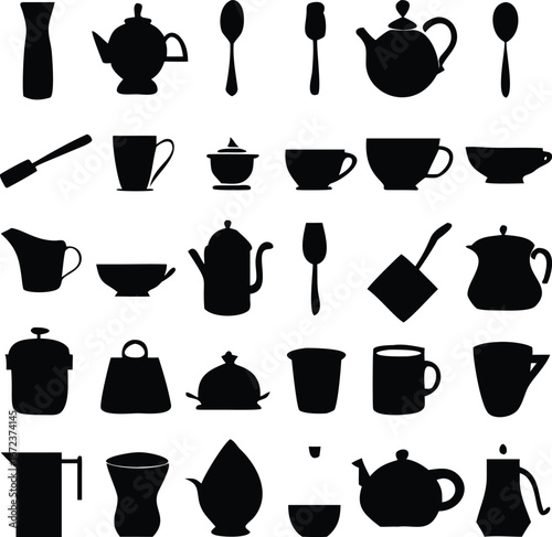 Collection of black silhouettes of tea and coffee utensils