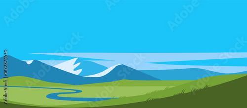green hills, winding river, distant blue mountains and clear sky. Ideal for eco branding, travel blogs, nature posters, website headers. Minimal vector landscape